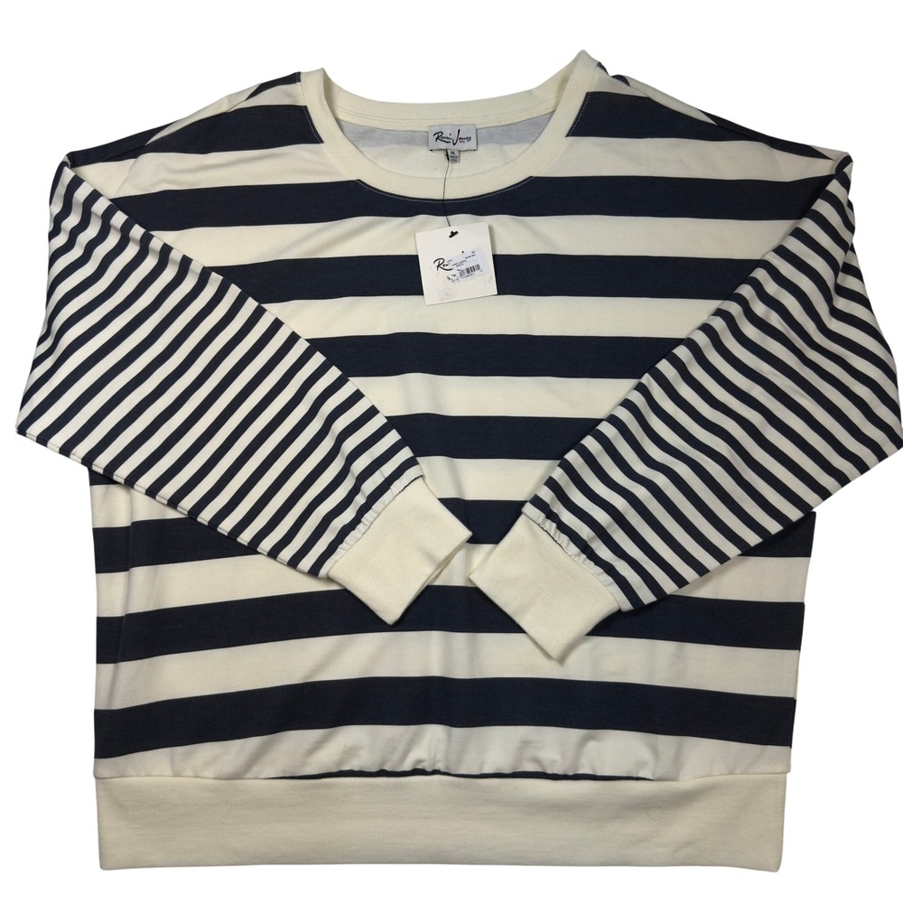 Remi James Women's Pullover Top Striped Long Sleeve Crew Neck Cream Navy Blue XL